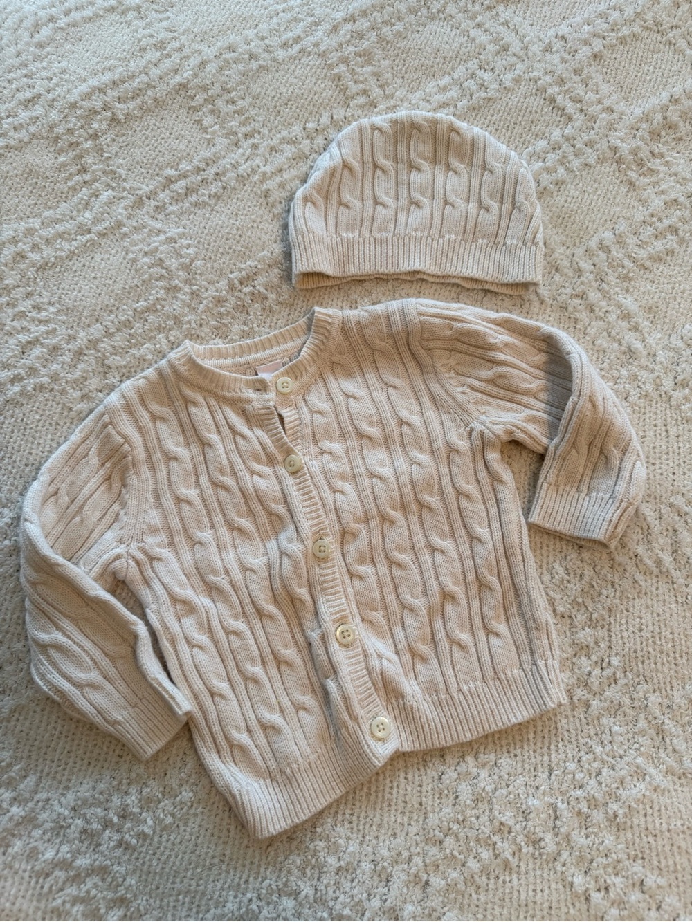 Baby Cable Knit Cardigan and Beanie Set - Cream